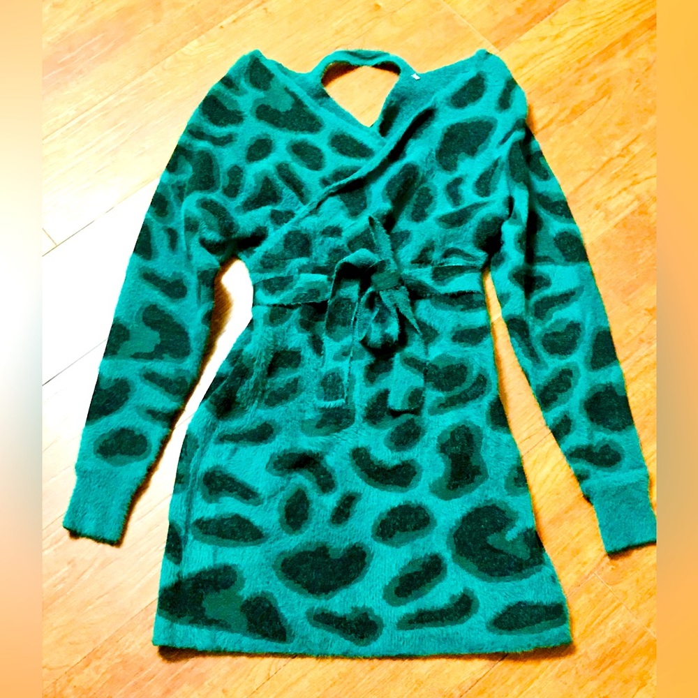 NWOT Green Leopard Print V-Neck Sweater Dress